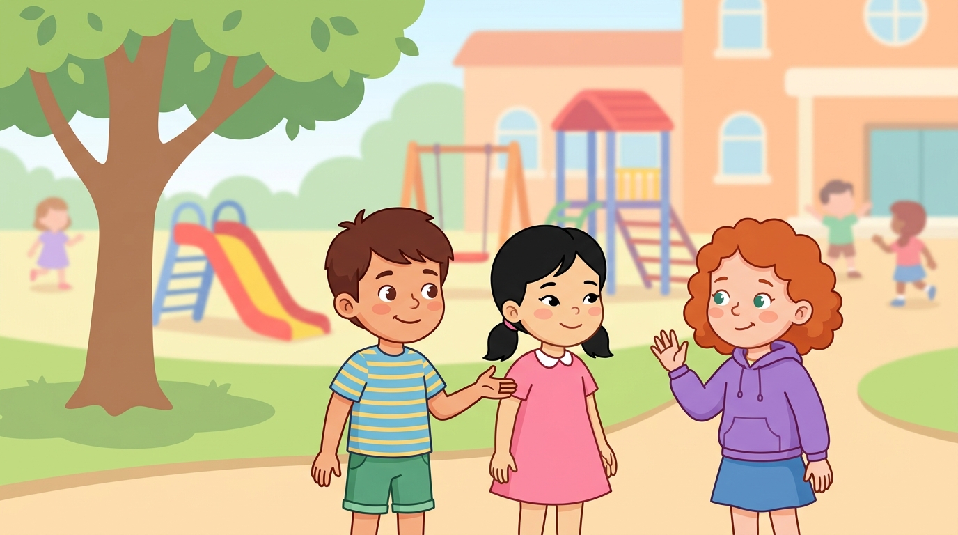 A boy introduces a new girl to another girl who waves hello in a schoolyard